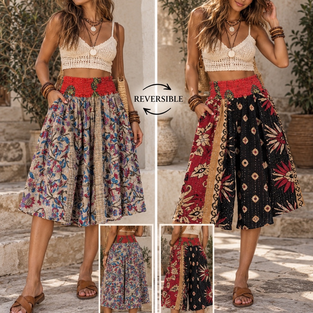 Reversible Wide Leg Kantha Boho Smocked Bermuda
